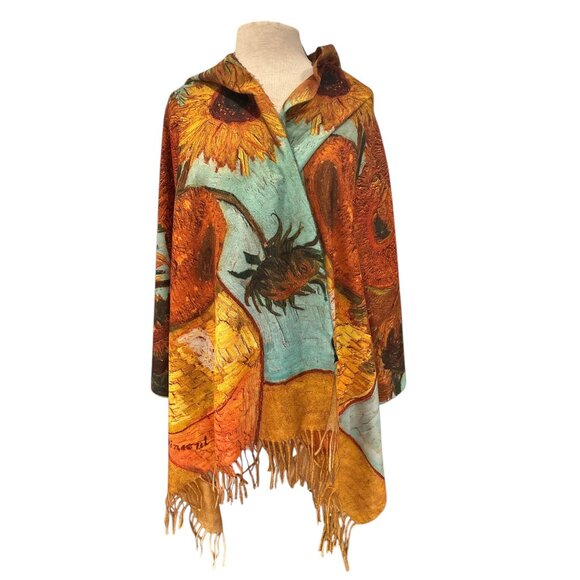 Van Gogh Sunflowers Print Shawl Wrap Scarf With Fringe Edges Lightweight & Versa - Picture 2 of 8